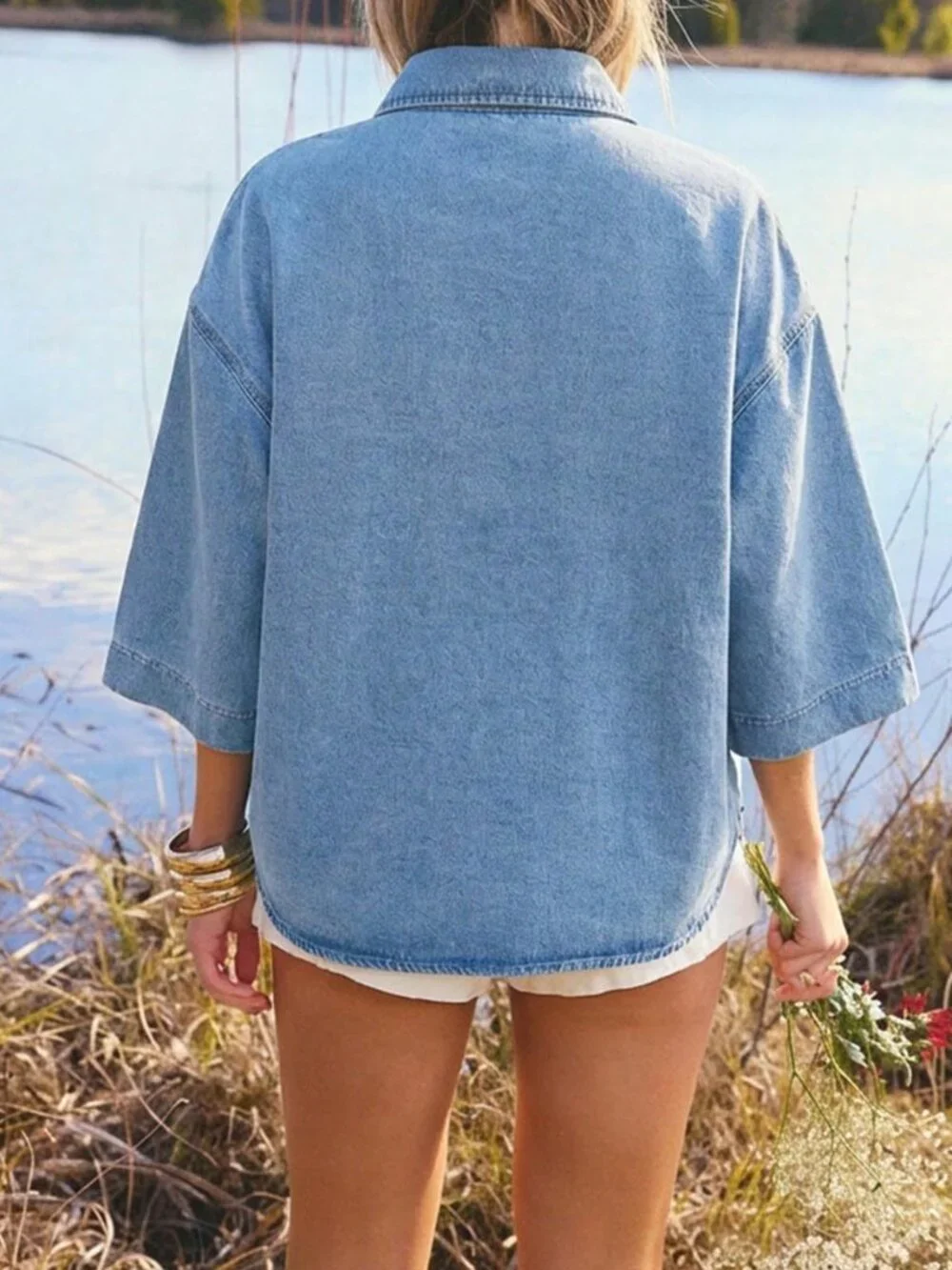 Light Wash Casual Women's Cute 3/4 Sleeve Drop Shoulder Pocket Denim Shirt